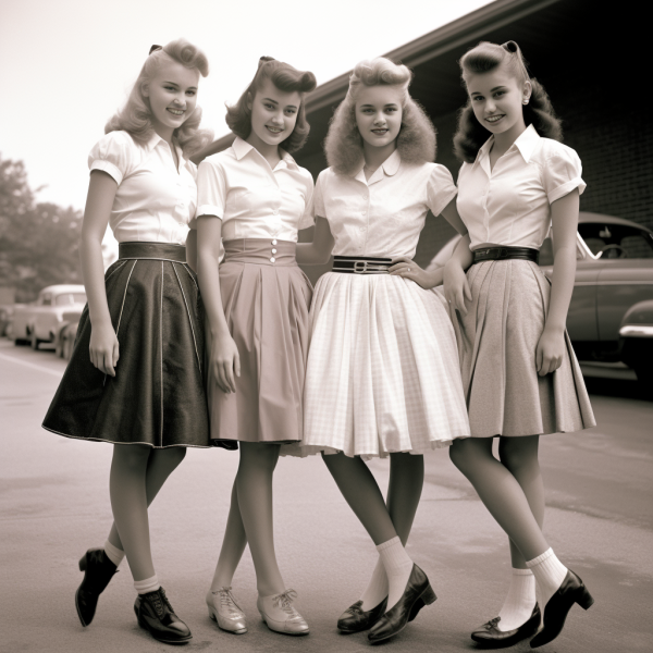 Teenagers in the 1950s wearing iconic poodle skirts and leather jackets, representing the birth of teen fashion