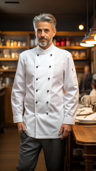 a chef’s white double-breasted jacket with buttons.- chef’s uniform