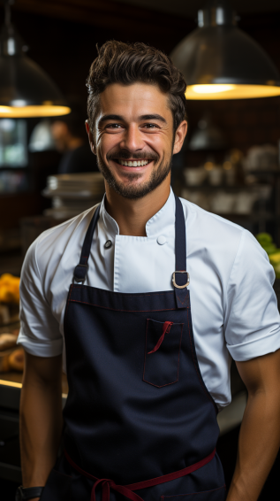 showcasing a chef in a trendy kitchen uniform