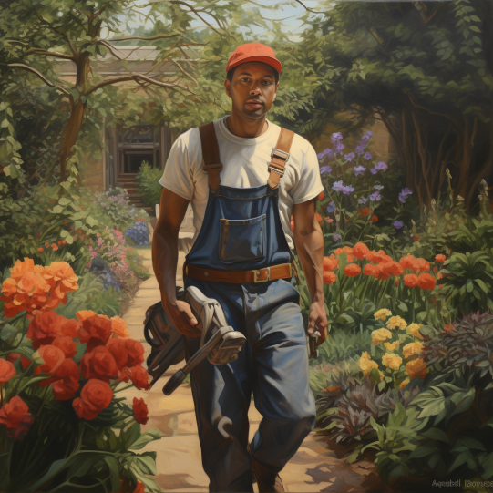 A gardener, wearing durable trousers, effortlessly carrying various gardening tools in ample pocket spaces, while pruning vibrant flowers in the garden. - gardening attire