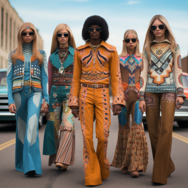 Young people in the 60s and 70s showcasing eclectic and colorful fashion, symbolizing counterculture and freedom