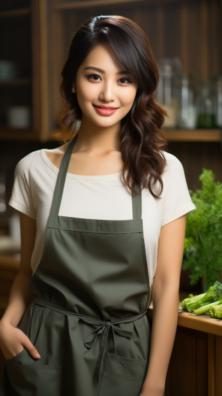 A housewife wearing an apron with pockets is cooking
