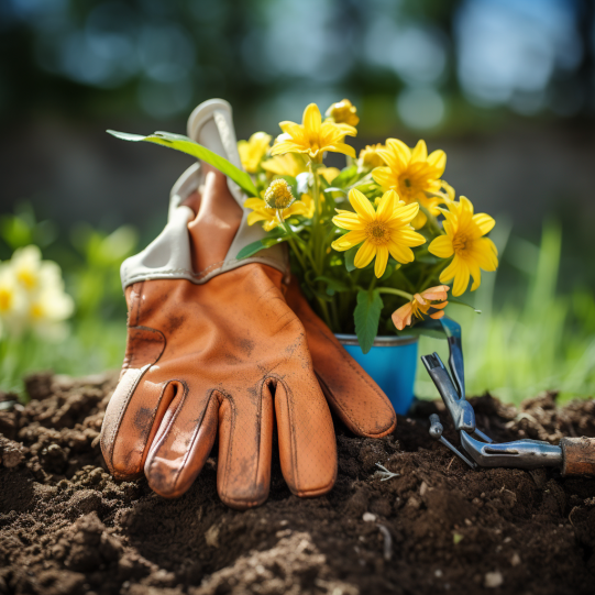 A pair of protective gardening gloves, carefully holding a delicate flower, with gardening tools and fresh soil in the background, emphasizing safety and gentleness. 
- gardening attire