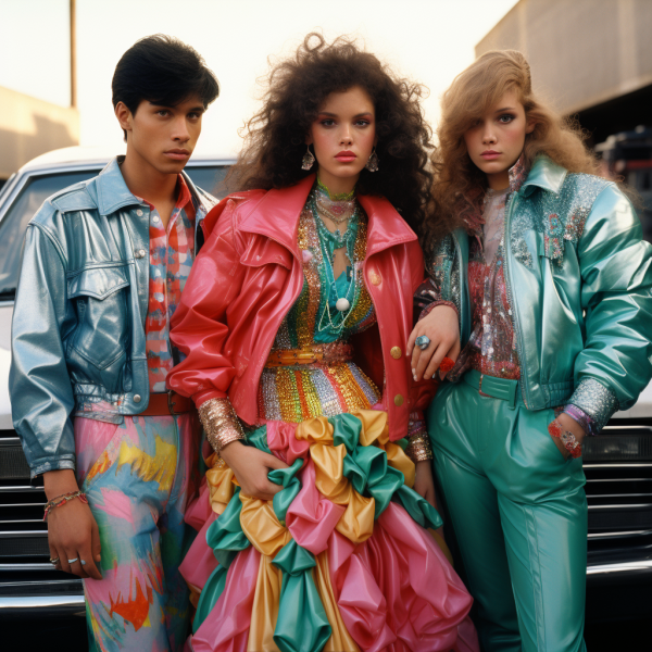 Youth in the 1980s wearing bold and extravagant outfits, representing the vibrant fashion of the decade.