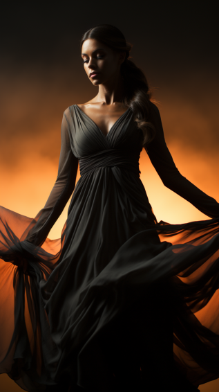 A dancer in a draped silhouette outfit, reflecting freedom