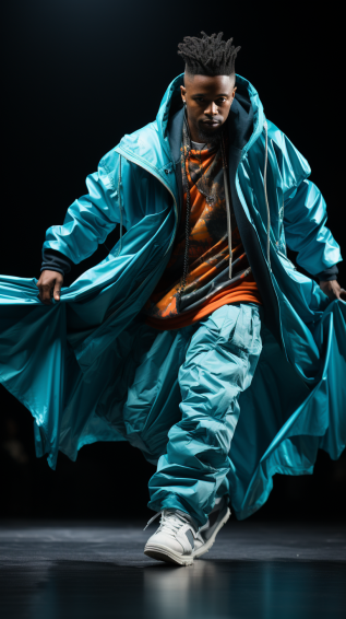 A hip-hop dancer in oversized attire, mid-move