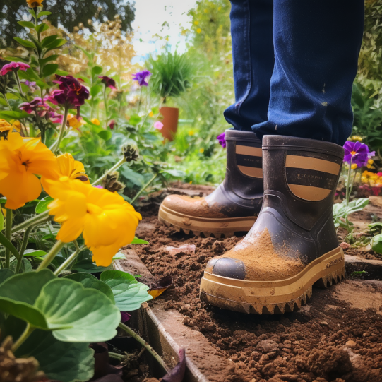 A pair of sturdy, supportive gardening boots, stepping confidently across a muddy garden path, with lush plants on either side, showcasing stability and protection.- gardening attire