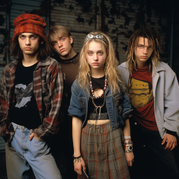 Young Americans in the 90s and 2000s showcasing grunge style and logomania, representing the diverse trends of the era