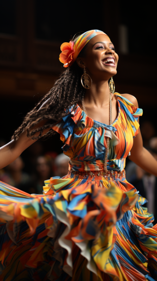 a dancer in a bright, patterned ensemble