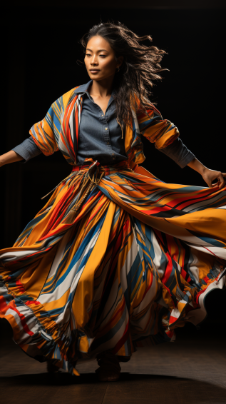 a dancer showcasing a layered, textured outfit