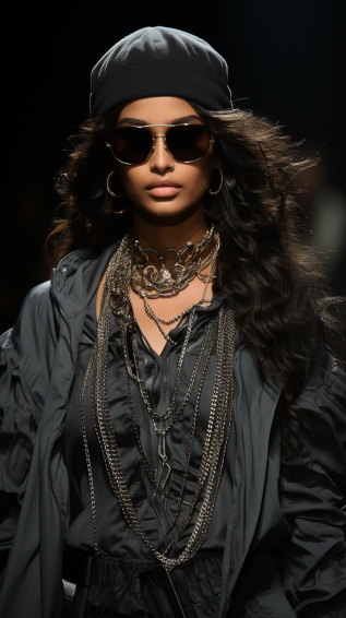 a dancer with aviator shades, layered chains, and branded attire
