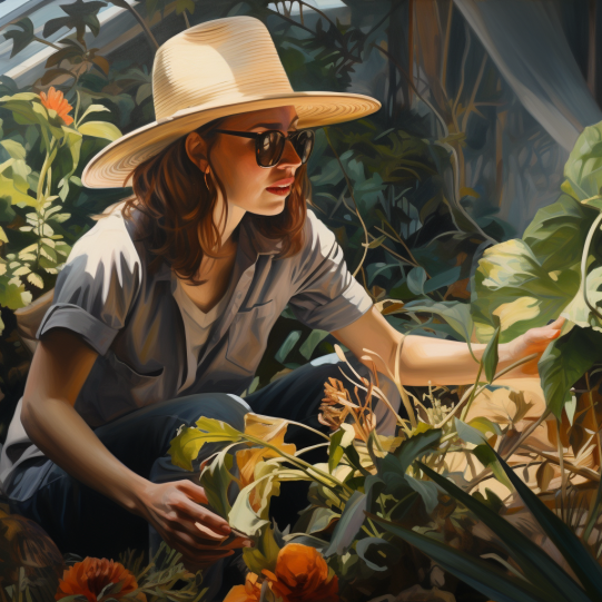 A gardener, wearing a wide-brimmed hat and sunglasses, joyfully tending to sunlit plants, with a focus on the protective wear providing shade and comfort.- gardening attire