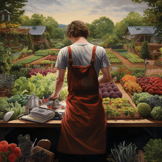 A gardener, wearing a functional apron, sowing seeds from a pocket, amidst a vibrant, organized garden, highlighting convenience and order. - gardening attire