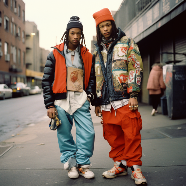 Early streetwear styles reflecting the skate and hip-hop influences, showcasing the rebellious and individualistic spirit.