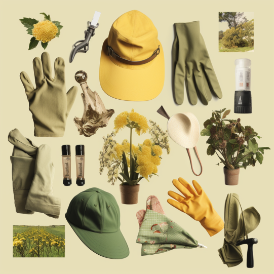 A collage of fashionable gardening wear items, such as gloves, hats, and aprons, each with a brief caption describing its functionality and style