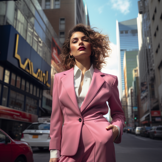 A confident woman in a bold 80s power suit with prominent shoulder pads, walking through a busy cityscape, symbolizing empowerment and style.