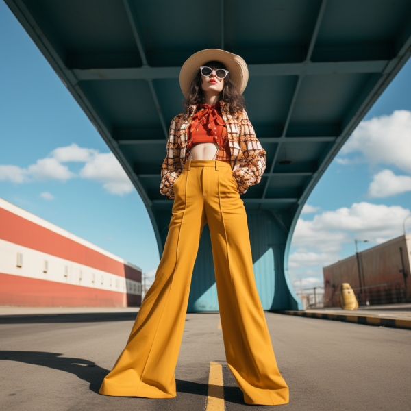 Illustration of a person wearing retro clothes, with flared pants and oversized sunglasses