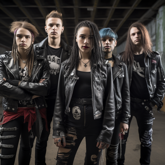 A group of young people, adorned in punk rock fashion – leather jackets, ripped jeans, and band tees, in a lively concert setting, representing rebellion and freedom.