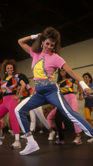 Energetic individuals, engaged in an 80s aerobic class, wearing vibrant leotards, leg warmers, and headbands, showcasing the era’s fitness and fashion craze.