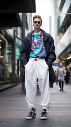 A stylish individual, adorned in 80s designer wear, with visible logos, against a backdrop of a chic, upscale shopping district, representing the era’s fascination with designer labels.