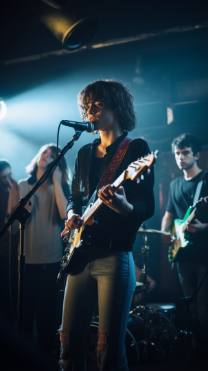 A group of young people, adorned in classic grunge fashion, enjoying a live band performance in a dimly lit, energetic 90s music venue.