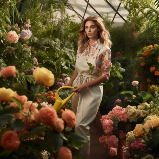 Craft a high-fashion garden scene, where models elegantly pose amidst a lush, vibrant garden, showcasing stylish gardening attire and tools. Emphasize the contrast between the ruggedness of gardening and the sophistication of the brands, using a Canon EOS R5 for sharp, high-resolution imagery.