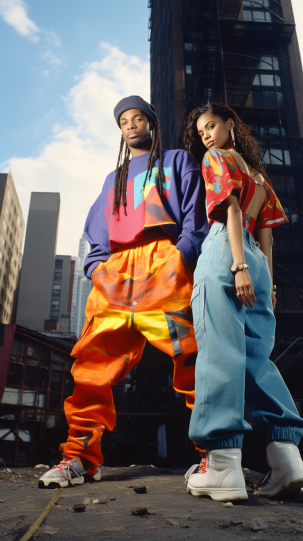 Stylish individuals showcasing 90s hip-hop fashion, with baggy jeans, oversized shirts, and vibrant accessories, against an urban cityscape backdrop.