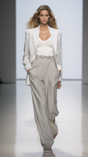 A model, adorned in minimalist 90s fashion, featuring clean lines and neutral colors, walking down a runway with subtle, elegant 90s aesthetics in the background.