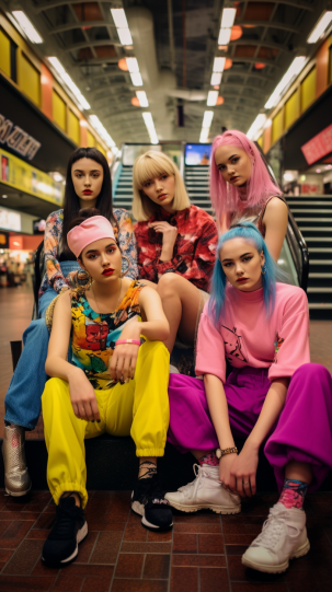 A group of friends, sporting the “girl next door” look, with crop tops, platform shoes, and playful accessories, hanging out in a vibrant 90s mall setting.