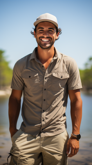 a human wears a pair of khaki cargo shorts paired with a lightweight, moisture-wicking fishing shirt