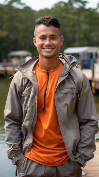 a human wears quick-drying fishing pants with a breathable, long-sleeved performance shirt
