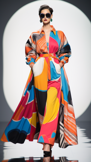 A modern fashion runway, with models showcasing contemporary outfits that are visibly influenced by 80s bold patterns, vibrant colors, and oversized silhouettes.
