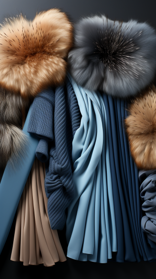 materials such as faux fur, eco-friendly leather alternatives and recycled fabrics, blue, gray, brown tones