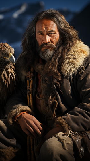 A Kazakh eagle hunter in traditional attire, with an eagle perched on his arm, set against a vast mountainous landscape