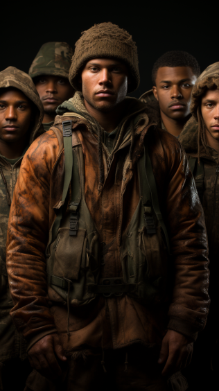 A group of hunters, each from different regions, showcasing the variety of camouflage patterns - from dense woodland greens to open savannah browns.