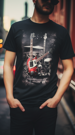 A detailed shot of a vintage band t-shirt, with a blurred urban backdrop