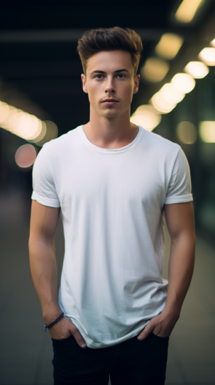 A portrait of an individual in a minimalist white t-shirt, with a soft-focus urban background