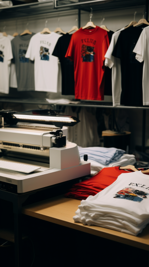 An inside view of a t-shirt customization shop, showcasing various designs and fabrics