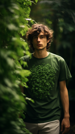 A person wearing a sustainable t-shirt, amidst lush greenery, emphasizing eco-friendliness,