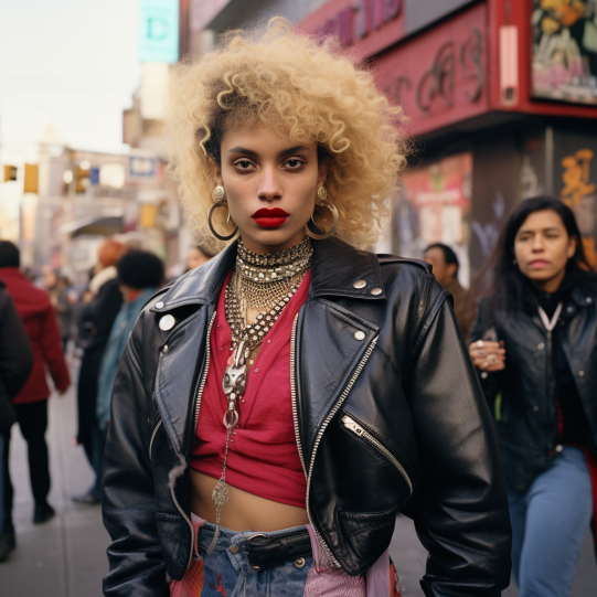 A vibrant 1980s street scene, highlighting punk and hip-hop fashion elements like oversized jewelry and leather jackets