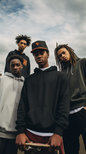 A group of teenagers in the 90s, showcasing skater style and baggy clothing, with a backdrop of a lively urban skate park