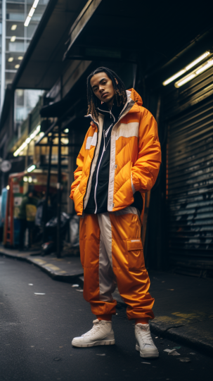 A stylish individual donning 2000s designer streetwear, juxtaposed against a gritty urban environment, capturing contrast