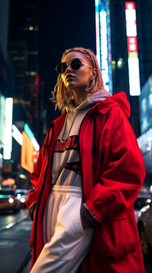 A modern street fashion scene, emphasizing diverse styles and sustainable clothing items, under the vibrant lights of a contemporary cityscape