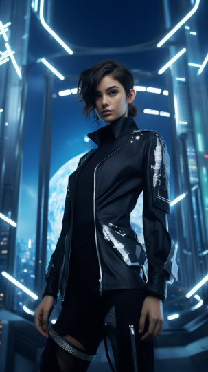 A model wearing a tech-infused outfit, with illuminated elements and a dynamic, digital display, against a sleek, futuristic city backdrop, future street fashion shot with a Canon EOS R5.