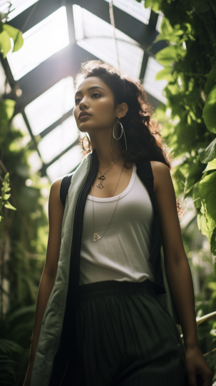 A fashion-forward individual wearing sustainable, eco-friendly attire, surrounded by lush urban greenery, street fashion , under natural sunlight, using a Sony A7R IV.