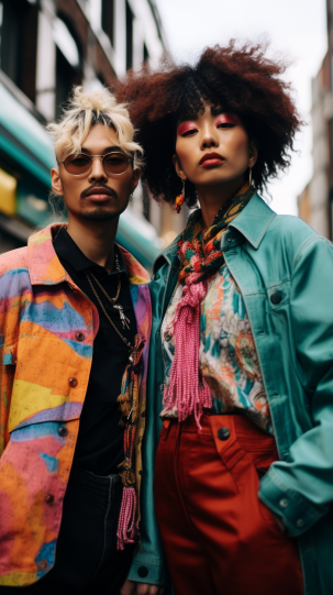 A group of people, showcasing androgynous and unisex street fashion, in a vibrant, inclusive urban setting, captured with a Fujifilm GFX 100S