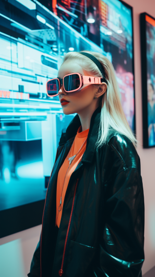 A person using AR glasses to try on virtual streetwear, future street fashion , with a blend of physical and digital elements in the frame, using a Leica SL2-S
