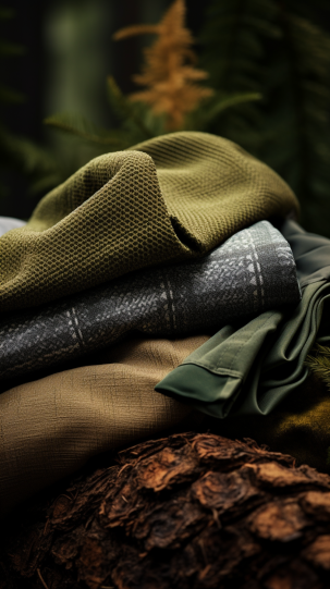 Close-up of various hiking fabric materials, showcasing textures and weaves, with a nature-inspired backdrop - hiking outfit