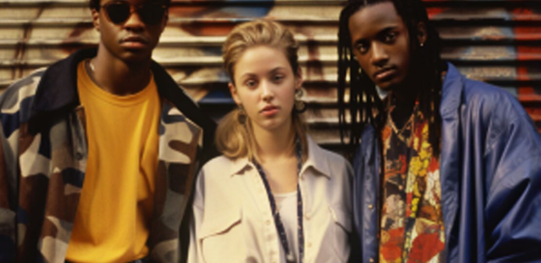 lively 90s American street, with people showcasing various iconic fashion trends – grunge, hip-hop style, and minimalist chic, reflecting the diverse and vibrant spirit of the era