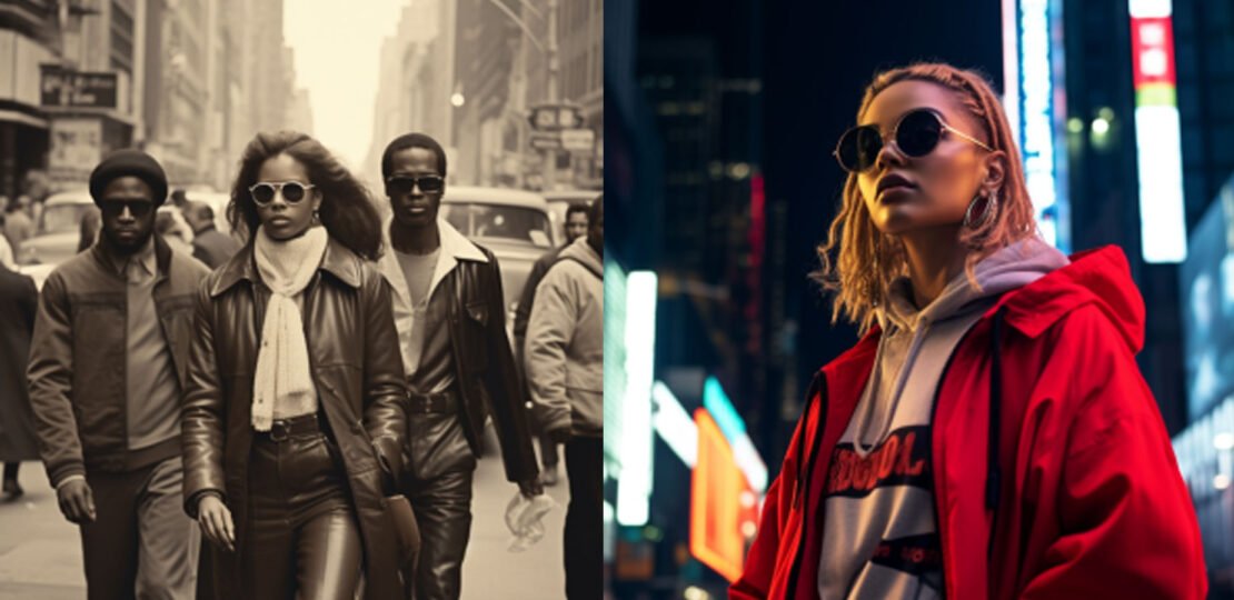New York street, with people donning classic vintage streetwear, captured in a sepia tone to evoke nostalgia
